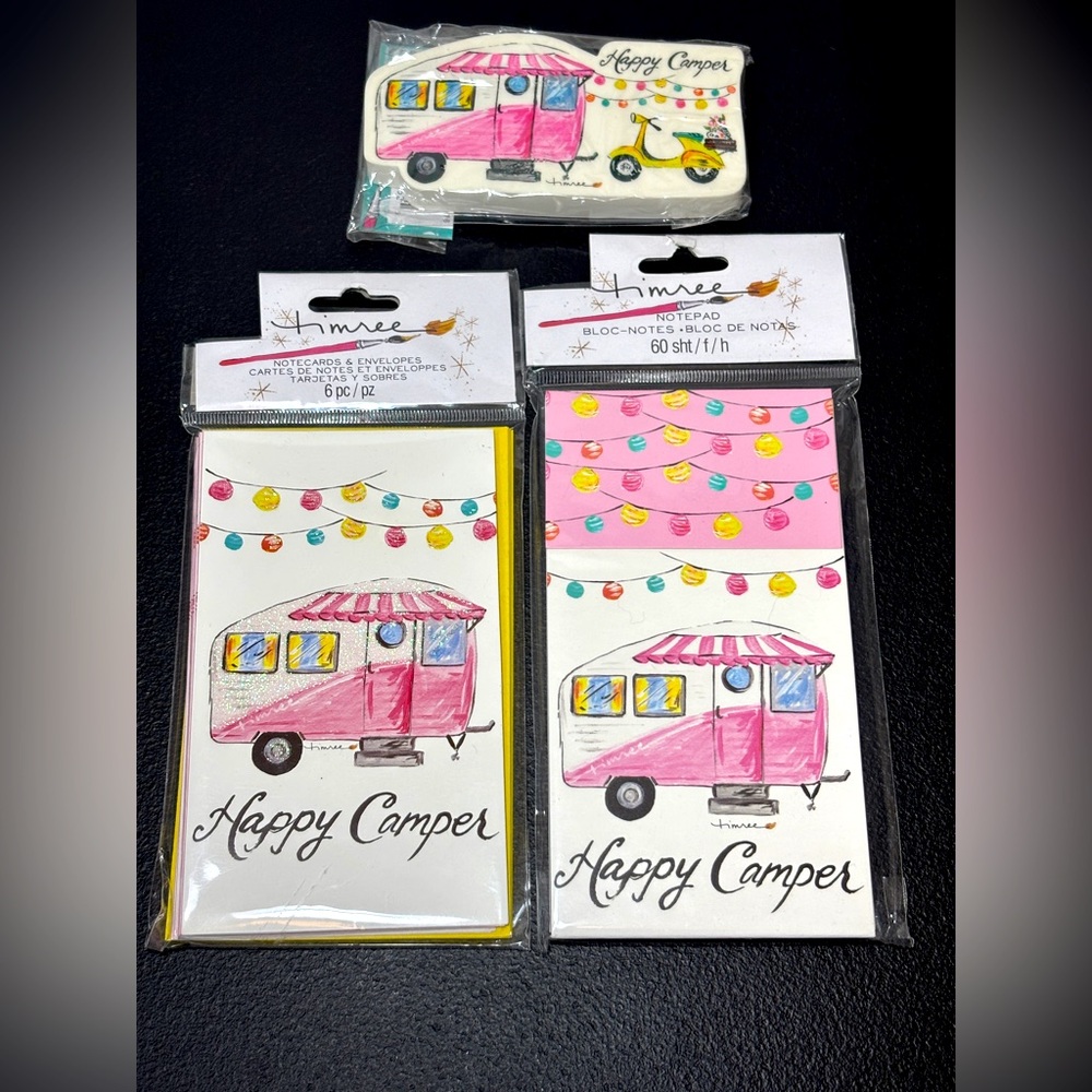 Pink and Yellow Happy Camper Notepad, greeting cards & eraser